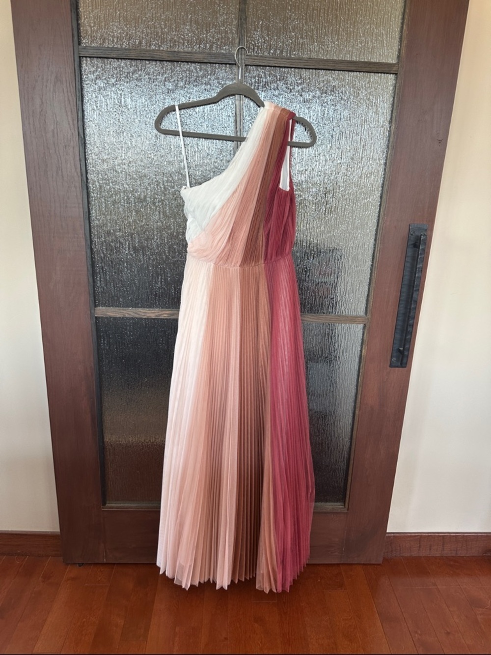 Hutch Tarina One-Shoulder Pleated Ombre' Dress in White, Blush & Rose Sz Small